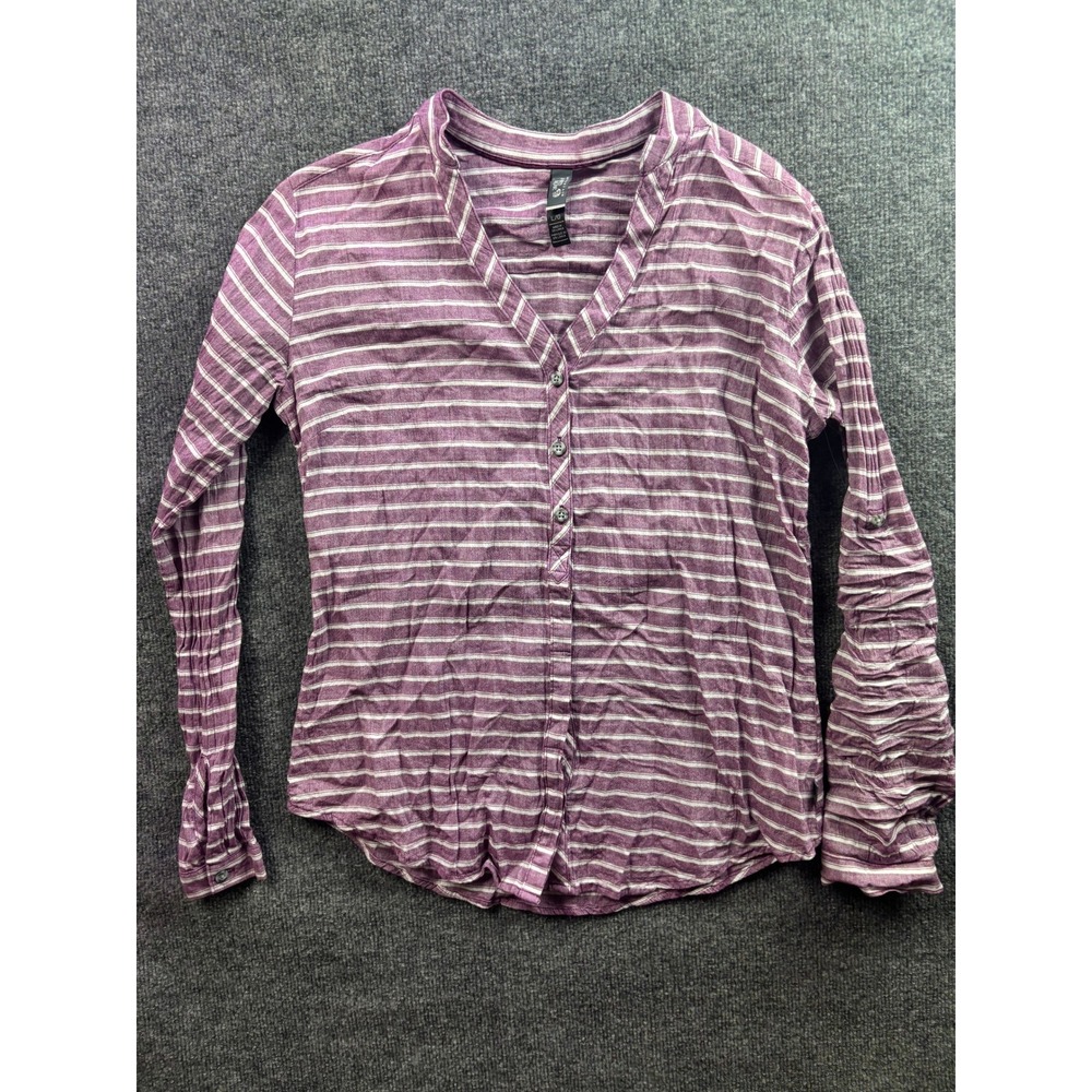 Mountain Hardwear Button Up Women Large Purple Striped Roll Tab Sleeve Top